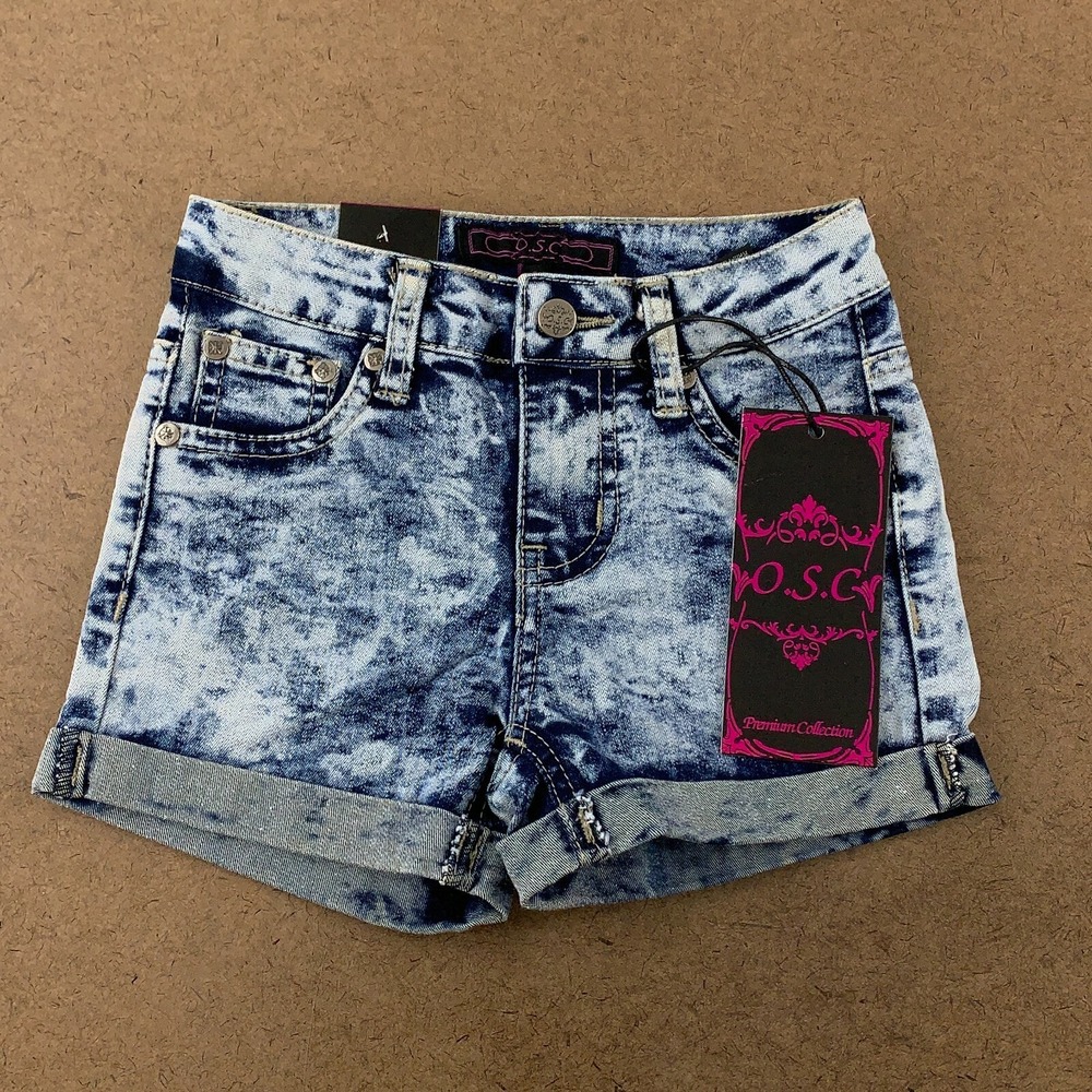 OSC Girls Size 6 Bleach Splash Acid Wash Denim Cuffed Jean Shorts NWT